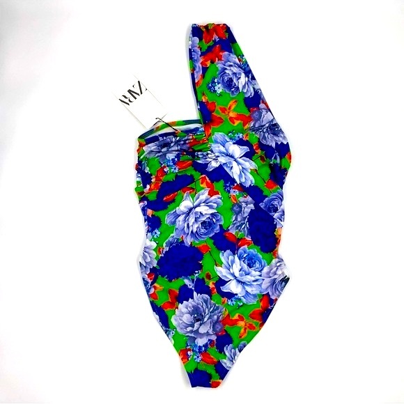 Zara Asymmetric Neckline Ruched Floral Bodysuit Blogger Fave Bold Vibrant Small - Picture 8 of 16